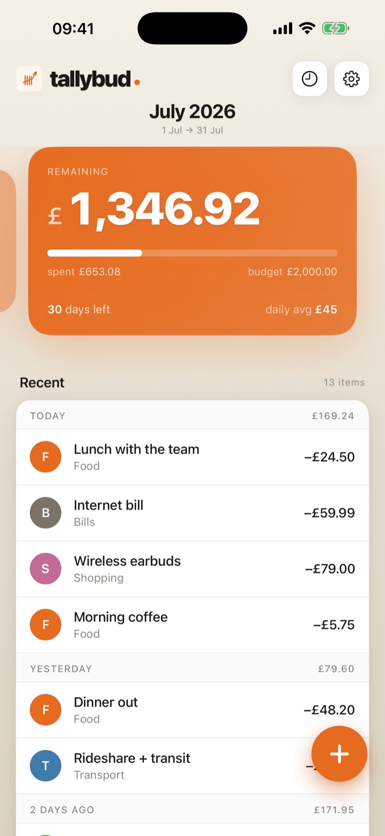 tallybud home screen in British pound